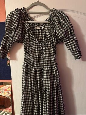 Doen Ischia Black and White Gingham Puff Sleeve Maxi Dress